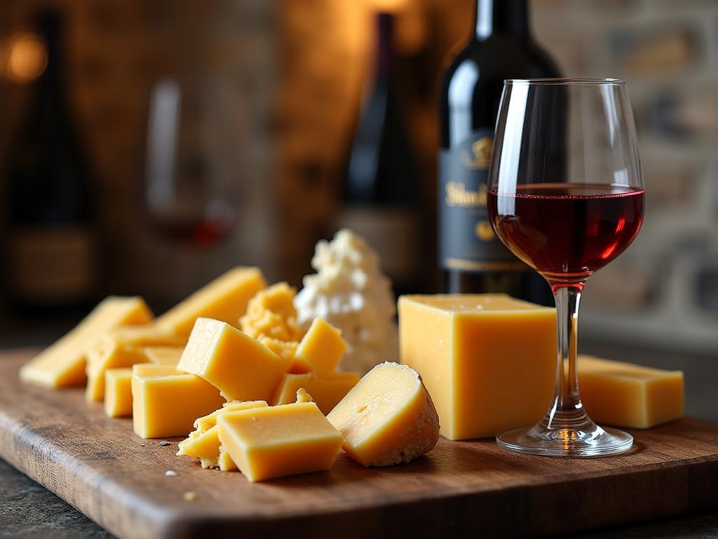 Copa de vino tinto junto a tabla de quesos variados